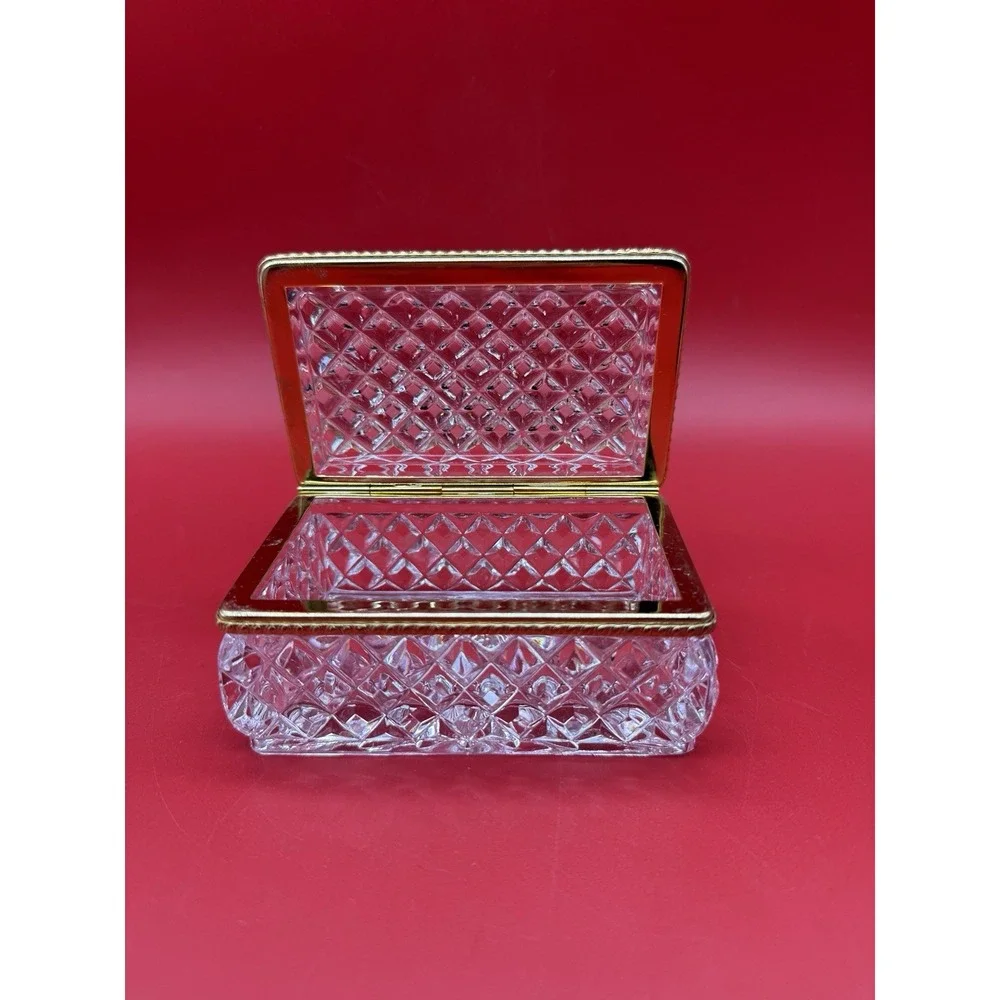 Baccarat StyleFrench Diamond Cut Crystal Jewelry Casket Brass Hinged Trinket Box